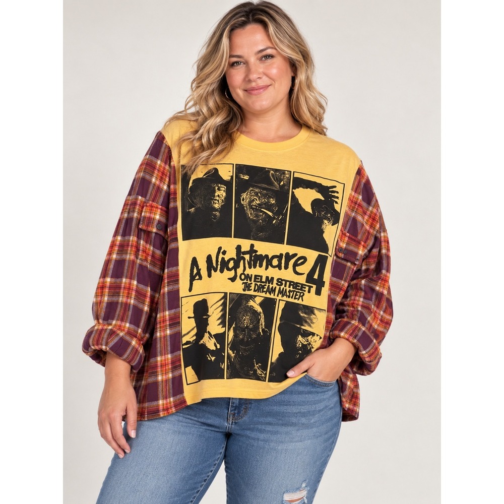 Nightmare on Elm Street 4 Freddy Krueger Upcycled OOAK Plaid Flannel Graphic Top